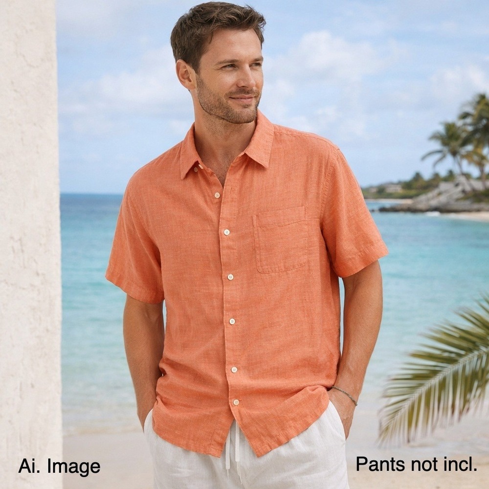 Tasso Elba Island Men L Silk Linen Shirt Coral Coastal Beach Yacht Club OldMoney